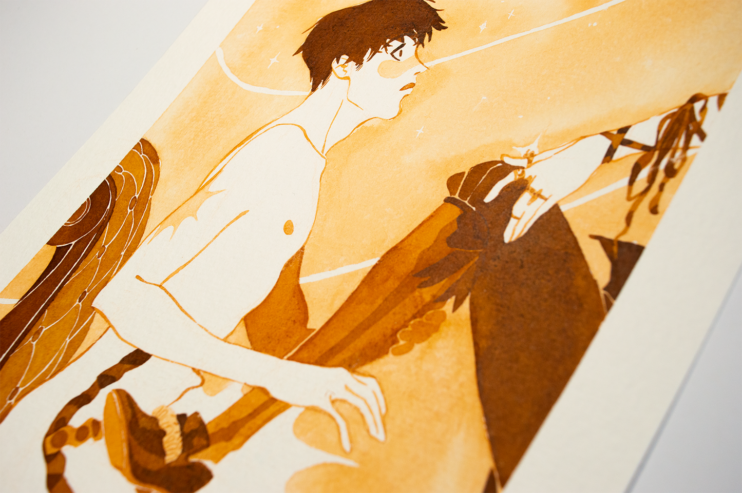 'Sit!', this is an order from your superior. This illustration is an original art work make with ink on paper, created for kinktober 2022 starring the main characters of the webcomic Little Starling by Pearl See, close-up.