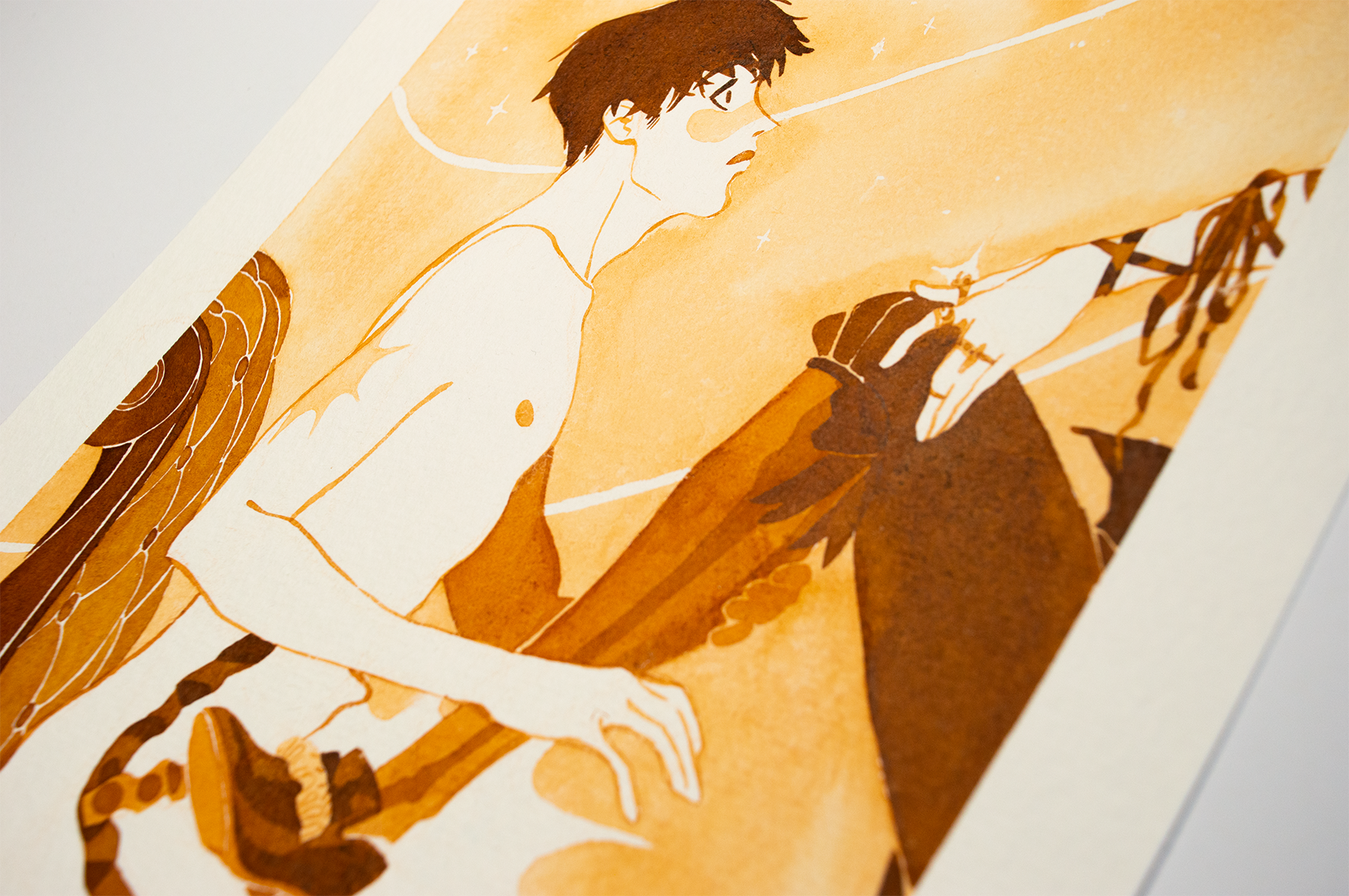 'Sit!', this is an order from your superior. This illustration is an original art work make with ink on paper, created for kinktober 2022 starring the main characters of the webcomic Little Starling by Pearl See, close-up.