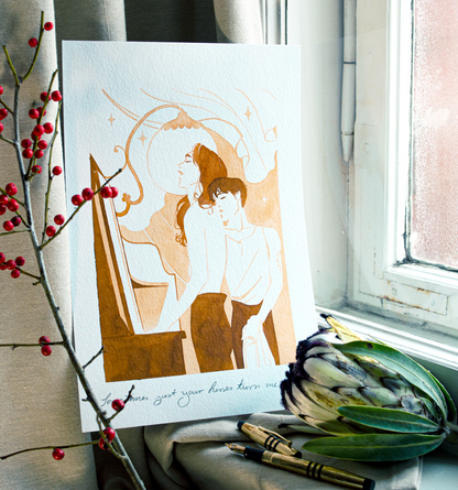 'Sometimes just your kisses turn me on.', Vince gently caresses Zazu in passing. This illustration is an original art work make with ink on paper, created for kinktober 2022 starring the main characters of the webcomic Little Starling by Pearl See.