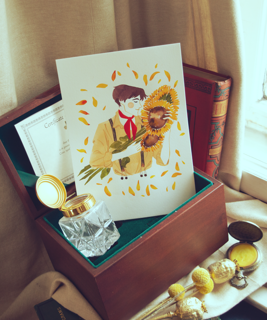 Vince has his favourite flowers in his arm. This illustration is an original art work make with ink on paper, starring the main characters of the webcomic Little Starling by Pearl See. 