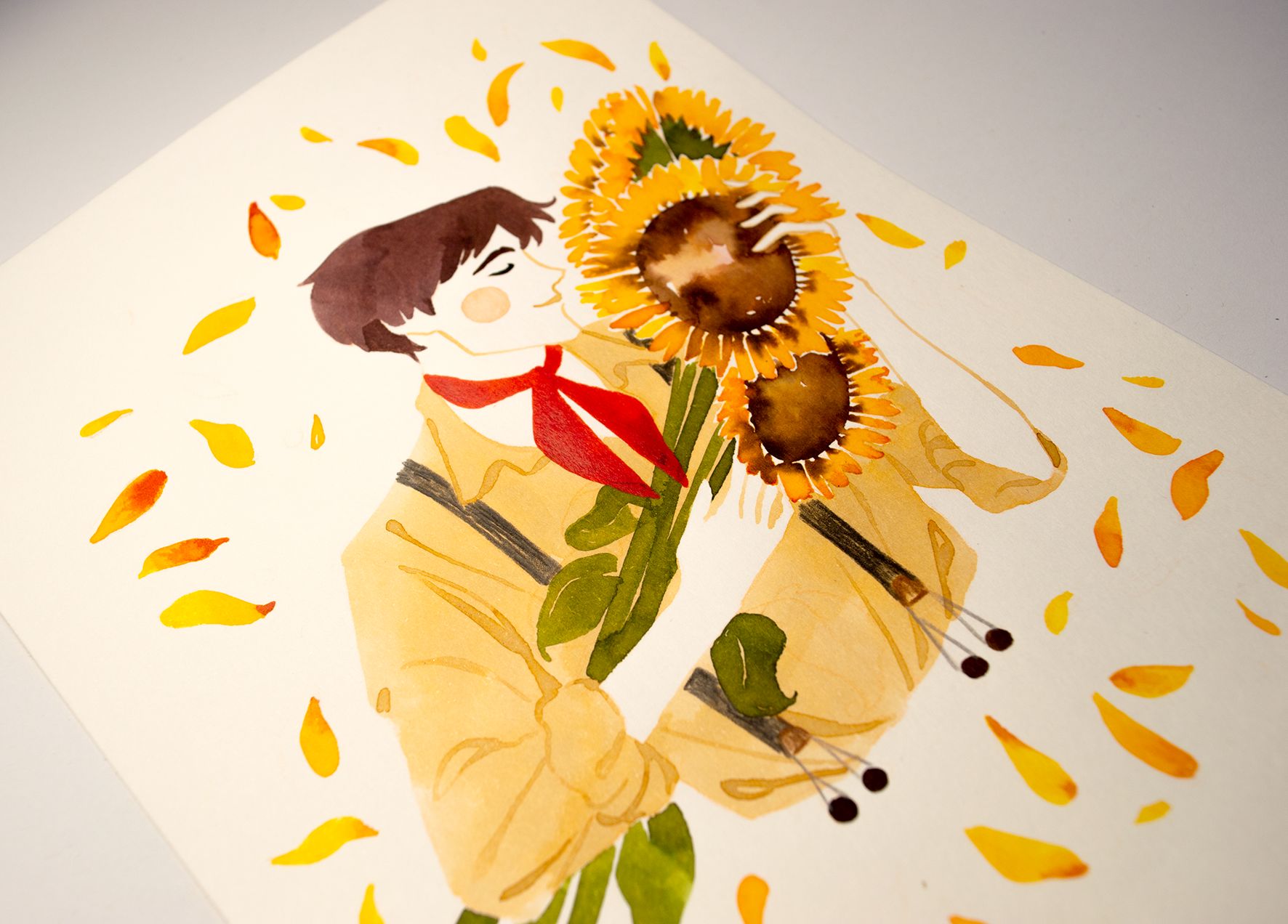 Vince has his favourite flowers in his arm. This illustration is an original art work make with ink on paper, starring the main characters of the webcomic Little Starling by Pearl See, close-up.