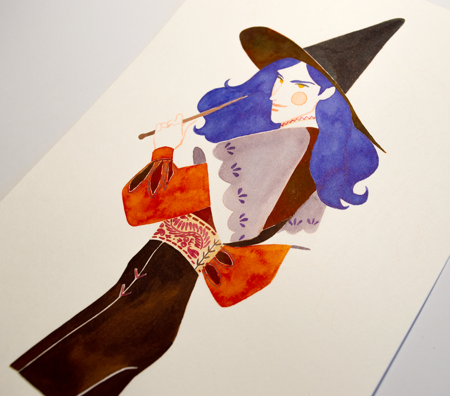 Zazu, the blue wizard, deciding if he should bewitch you or not. This illustration is an original art work make with ink on paper, starring the main characters of the webcomic Little Starling by Pearl See, close-up.