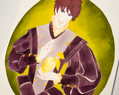 Vince in Tudor garments offering you a magical fruit. This illustration is an original art work make with ink and gold highlights on paper, starring the main characters of the webcomic Little Starling by Pearl See, close-up.