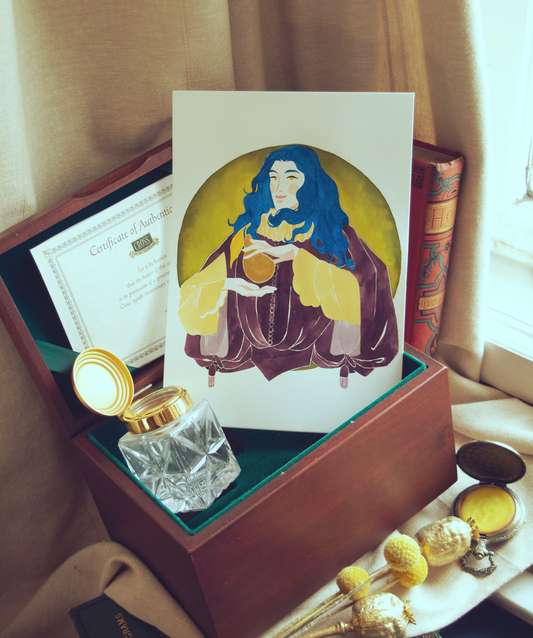 Zazu in Tudor garments offering you a magical fruit. This illustration is an original art work make with ink and gold highlights on paper, starring the main characters of the webcomic Little Starling by Pearl See.