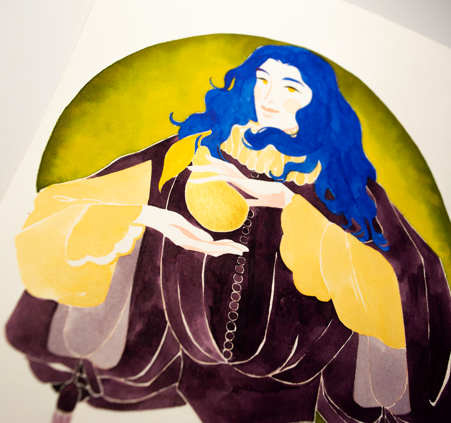 Zazu in Tudor garments offering you a magical fruit. This illustration is an original art work make with ink and gold highlights on paper, starring the main characters of the webcomic Little Starling by Pearl See, close-up.