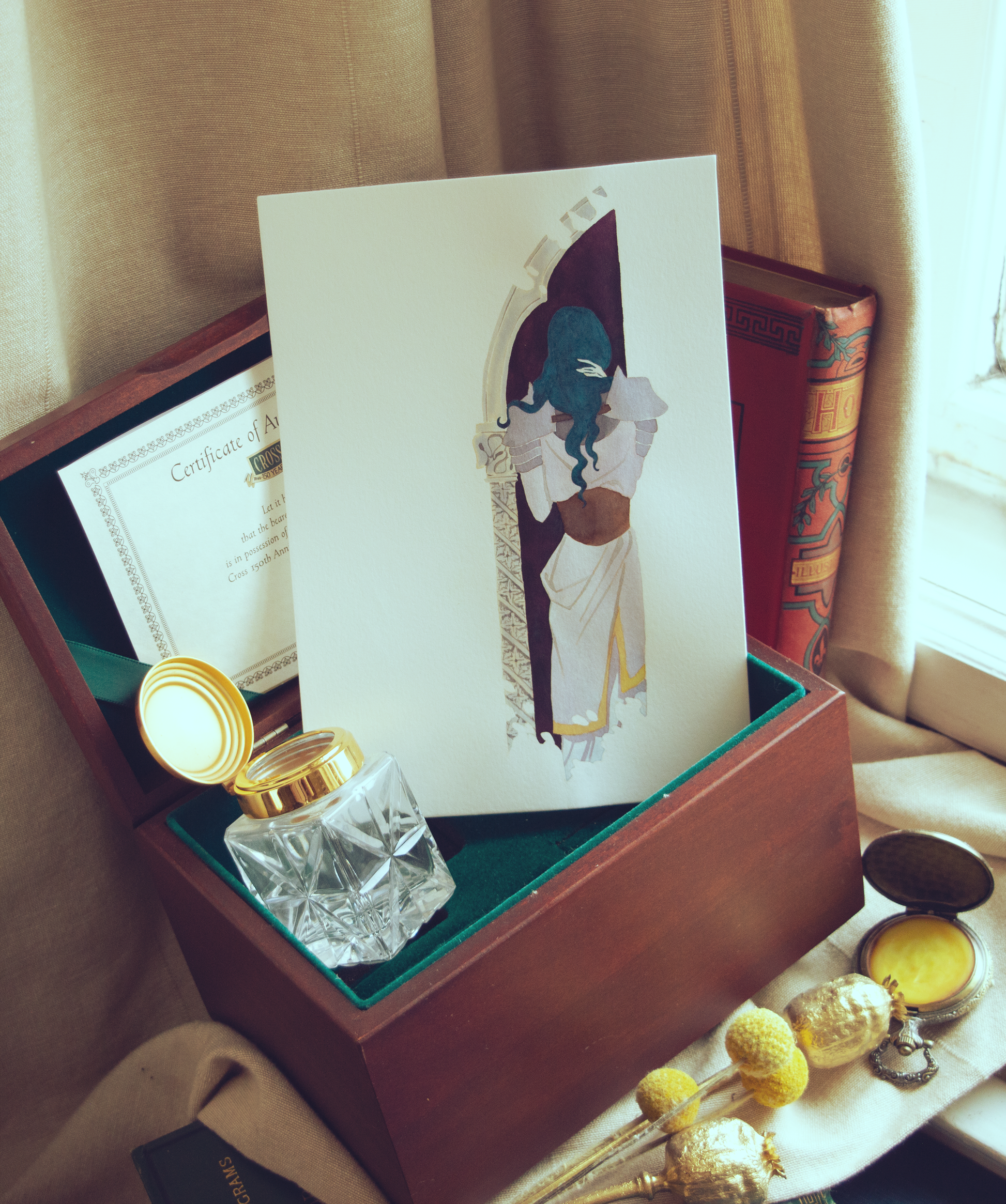 Zazu the knight has returned from battle to briefly visit his sweetheart before having to leave again. This illustration is an original art work make with ink on paper, starring the main characters of the webcomic Little Starling by Pearl See.