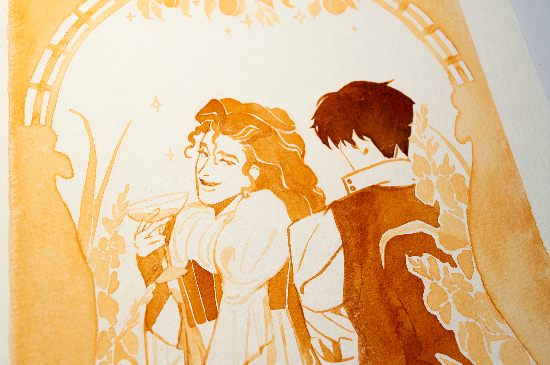 'Would you please spank me?' Is all Zazu's glance at Vince tells. This illustration is an original art work make with ink on paper, created for kinktober 2022 starring the main characters of the webcomic Little Starling by Pearl See, close-up.