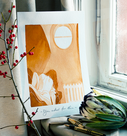 'You asked for this.' They have found a room in the quit part of the opera house to have a little alone-time. This illustration is an original art work make with ink on paper, created for kinktober 2022 starring the main characters of the webcomic Little Starling by Pearl See.