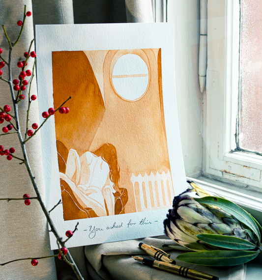 'You asked for this.' They have found a room in the quit part of the opera house to have a little alone-time. This illustration is an original art work make with ink on paper, created for kinktober 2022 starring the main characters of the webcomic Little Starling by Pearl See.