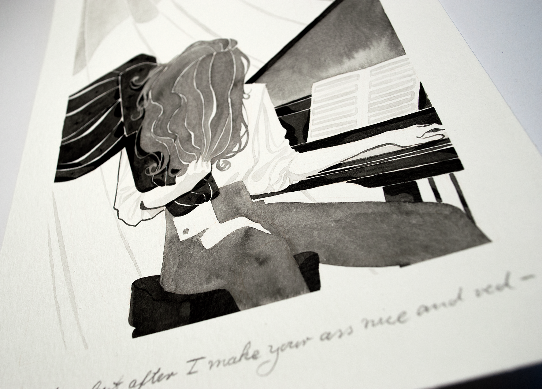 'You behave best after I make your ass nice and red.' A firm reprimanding inbetween piano lessons. This illustration is an original art work make with ink on paper, created for kinktober 2022 starring the main characters of the webcomic Little Starling by Pearl See, close-up.