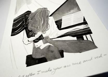'You behave best after I make your ass nice and red.' A firm reprimanding inbetween piano lessons. This illustration is an original art work make with ink on paper, created for kinktober 2022 starring the main characters of the webcomic Little Starling by Pearl See, close-up.