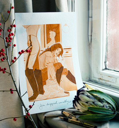 'You dropped something.' That was on purpose, Zazu. This illustration is an original art work make with ink on paper, created for kinktober 2022 starring the main characters of the webcomic Little Starling by Pearl See.