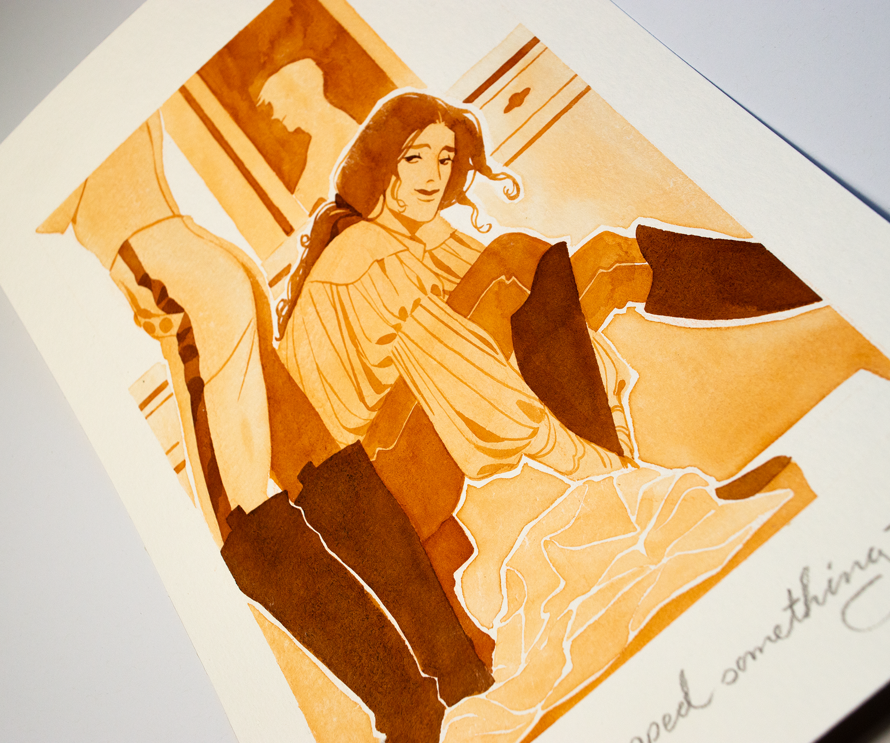 'You dropped something.' That was on purpose, Zazu. This illustration is an original art work make with ink on paper, created for kinktober 2022 starring the main characters of the webcomic Little Starling by Pearl See, close-up.